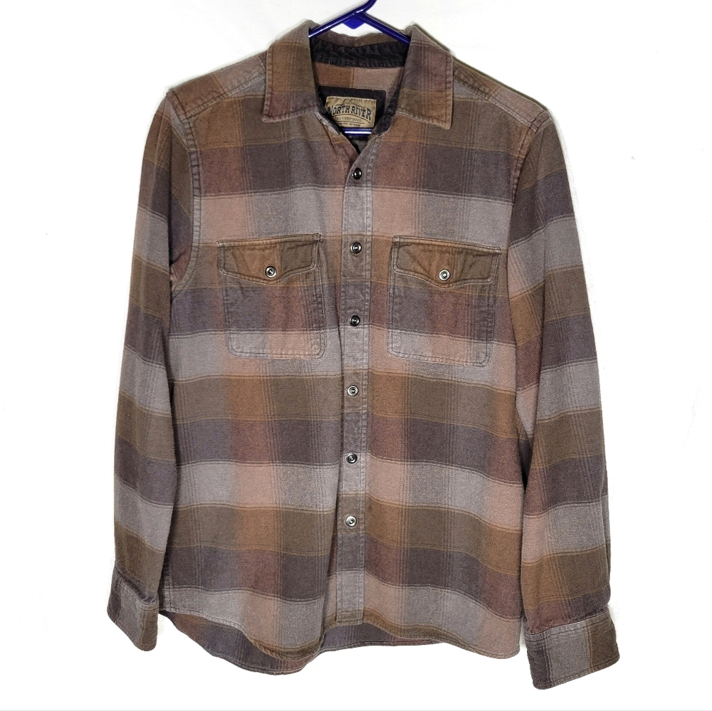 North River plaid flannel button down shirt longsleeve brown M medium mens